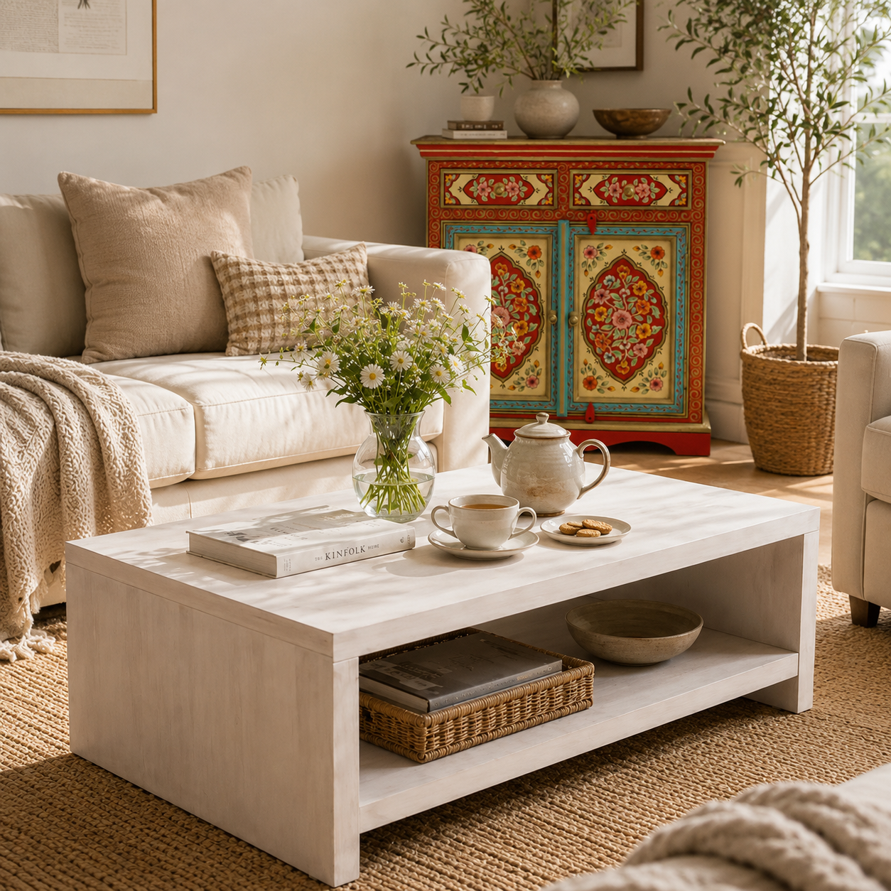 Bright sunlit living room featuring a hand-painted Floral Medallion wooden cabinet, neutral sofa, coffee table, indoor plant, and warm contemporary décor with artisan craftsmanship.
