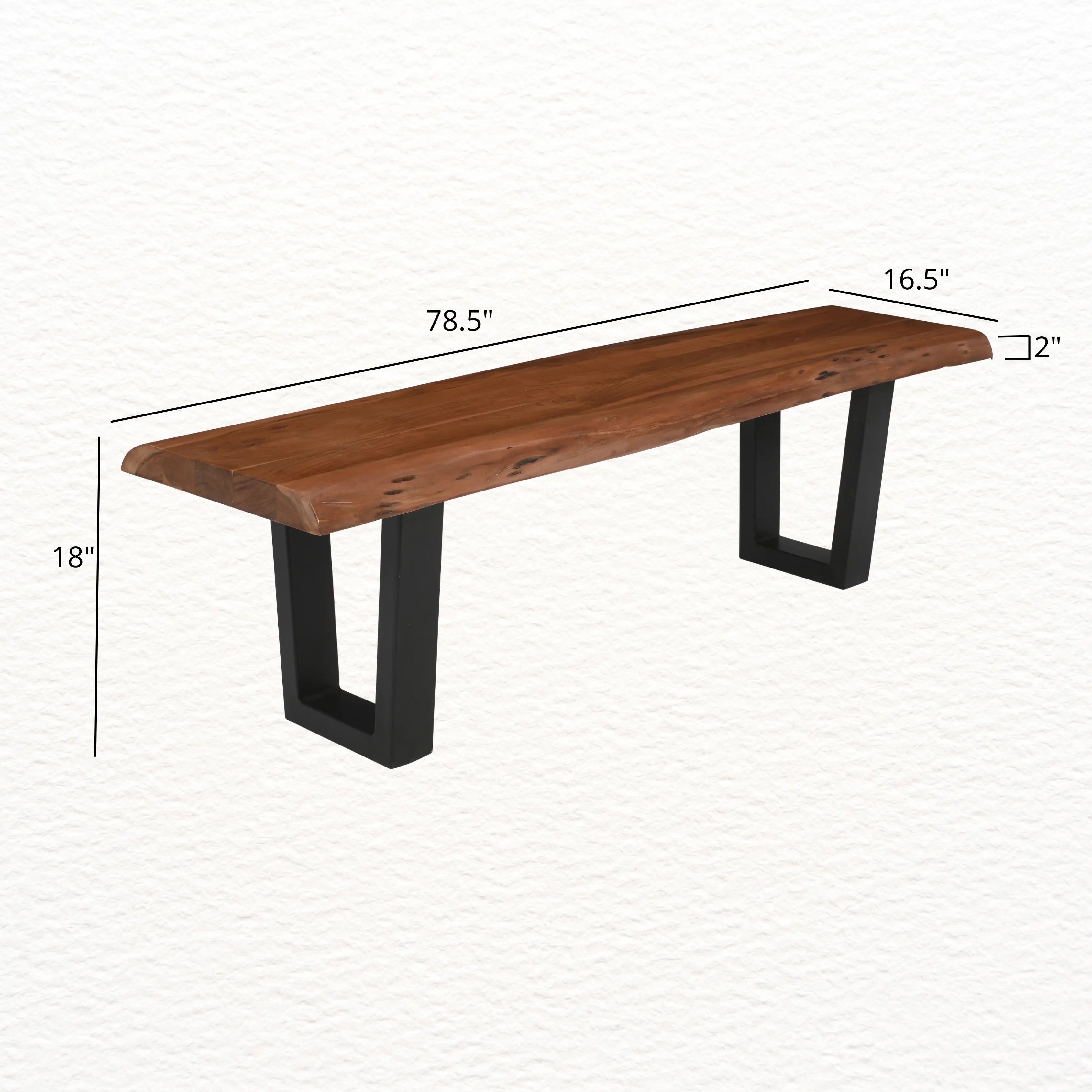Live Edge Acacia Wood Handcrafted Bench with Metal Legs