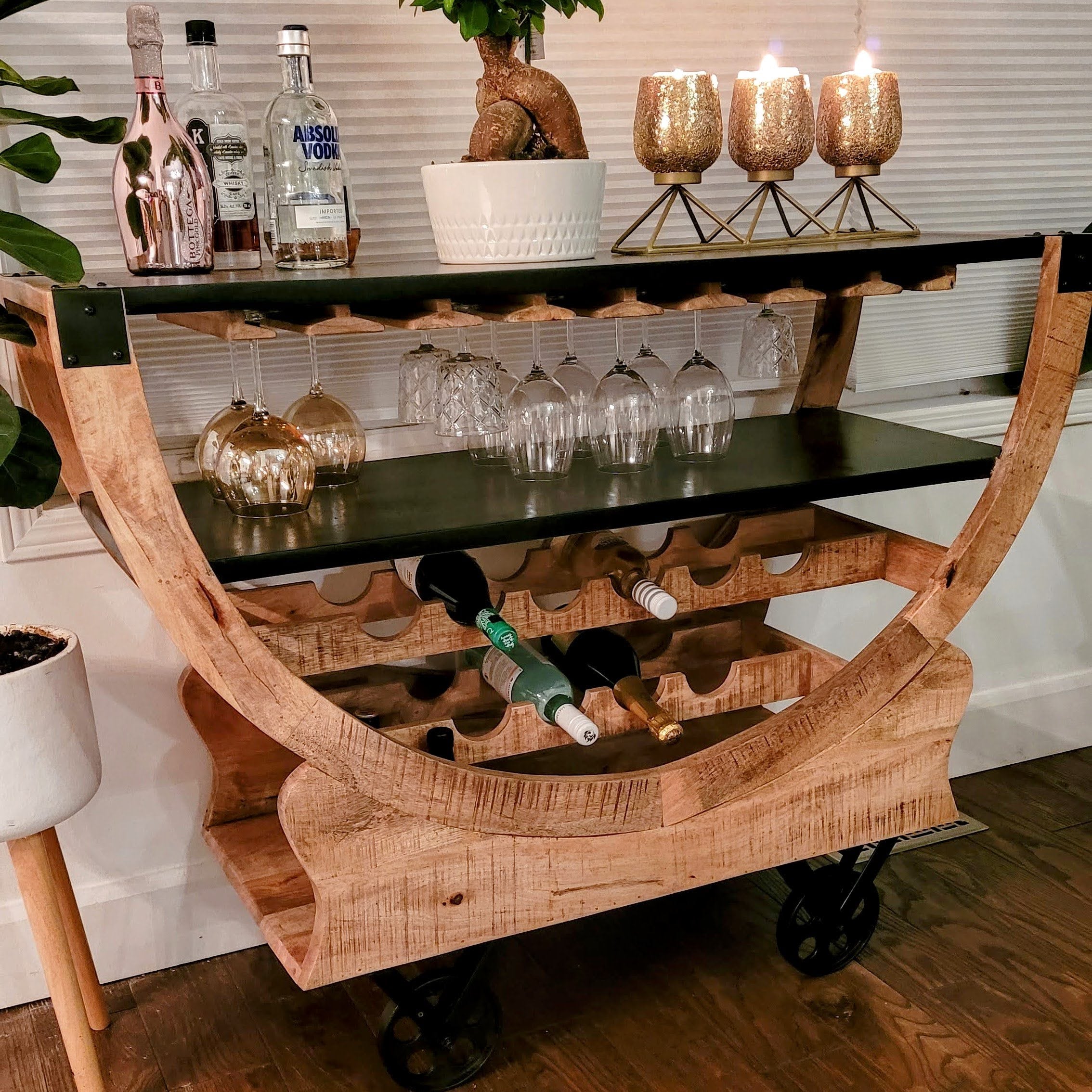 Bar Cart | Mango Wood | Metal Wheels | Handcrafted