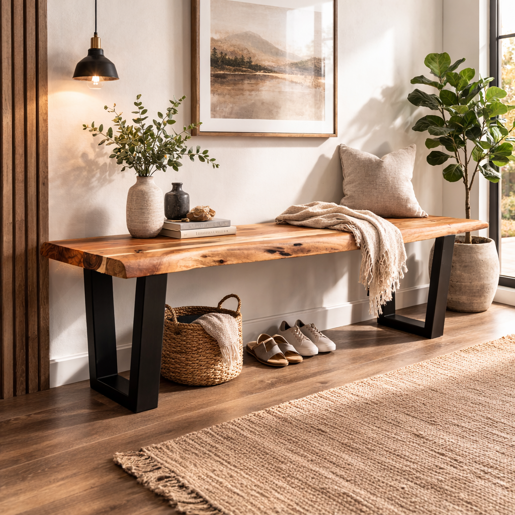 Bench |Live Edge | Acacia Wood | U Metal Legs | Light Brown Color