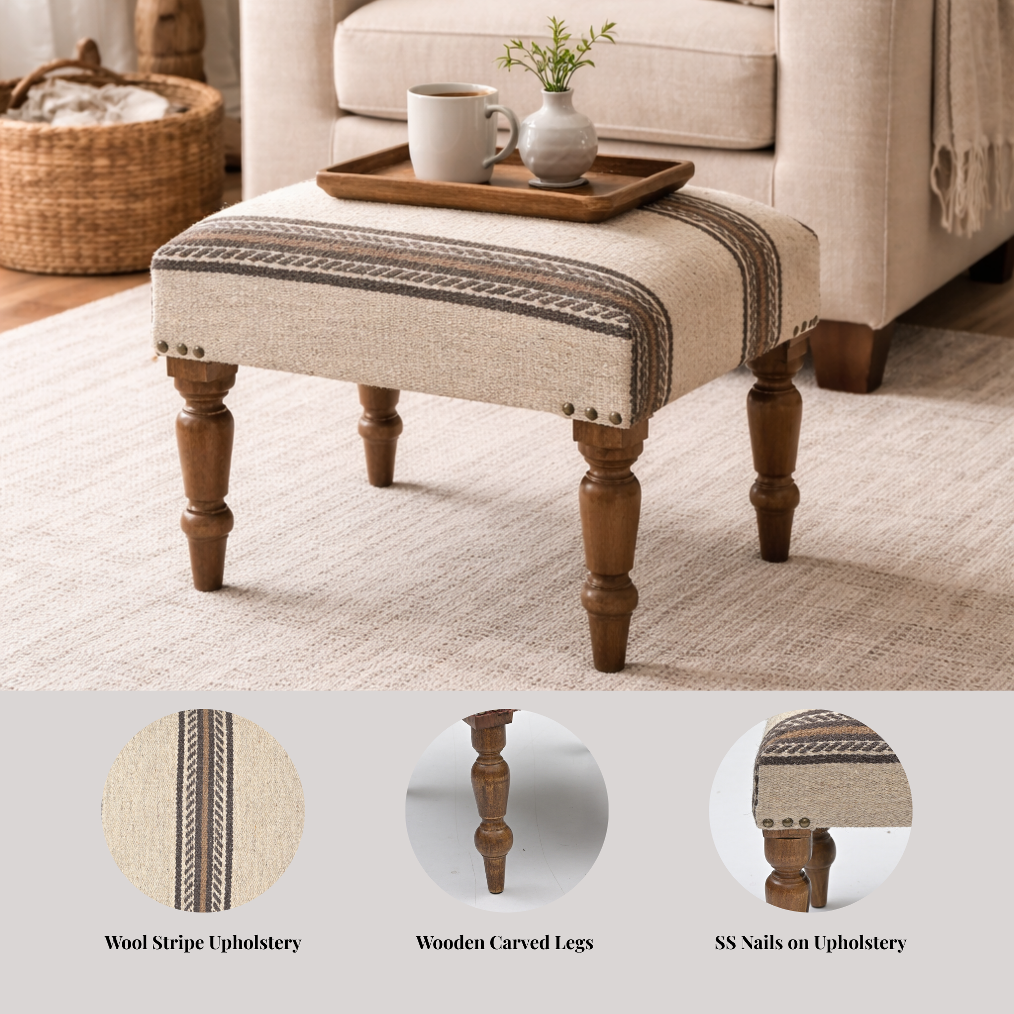 Dune Handcrafted Striped Upholstered Wooden Stool