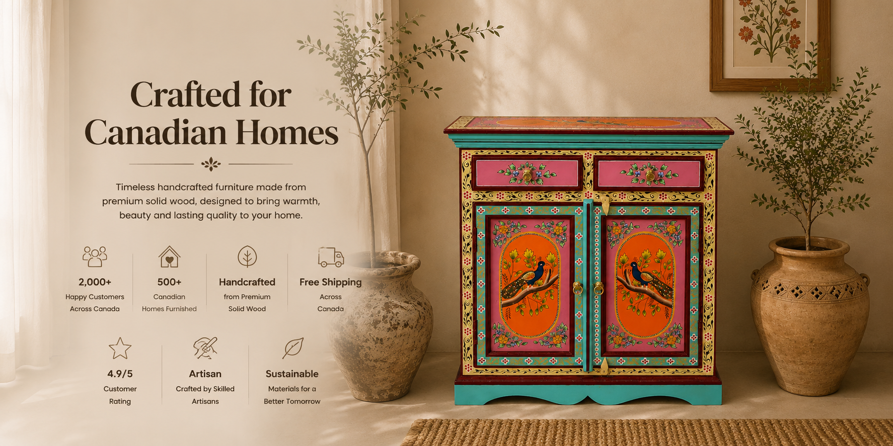 Hand-painted solid wood accent cabinet featuring traditional floral and peacock artwork, handcrafted for Canadian homes by Wood Vibes.