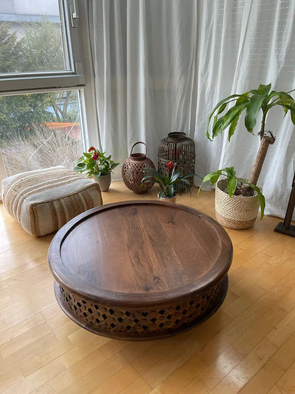 Jaali Coffee Table | Solid Mango Wood | Round Shape in corner