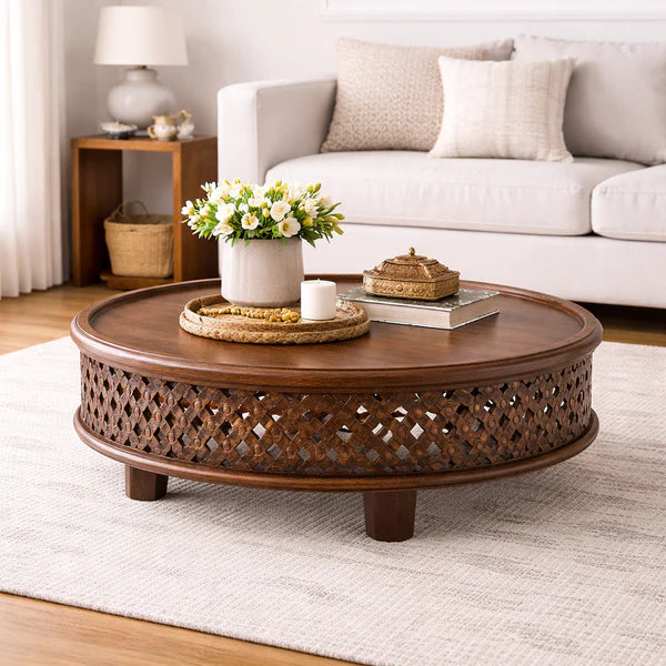 Jaali Coffee Table | Solid Mango Wood | Round Shape with props in living room