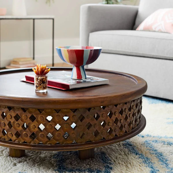 Jaali Coffee Table | Solid Mango Wood | Round Shape closeup look