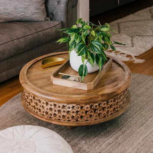 Jaali Coffee Table | Solid Mango Wood | Round Shape in living room