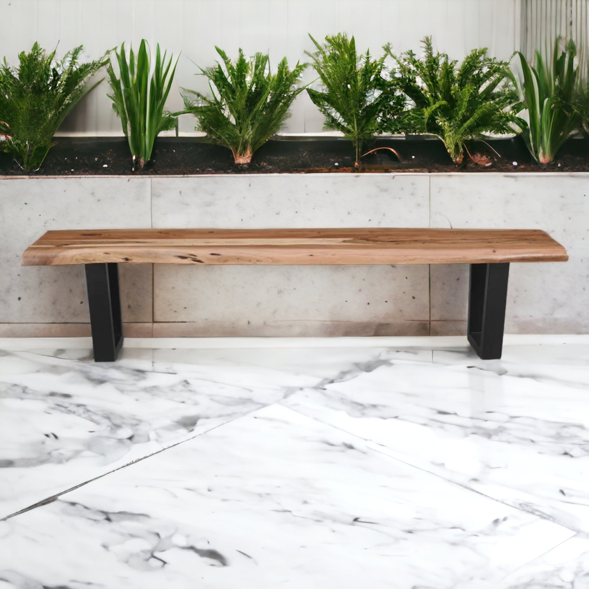 Live Edge Acacia Wood Handcrafted Bench with Metal Legs