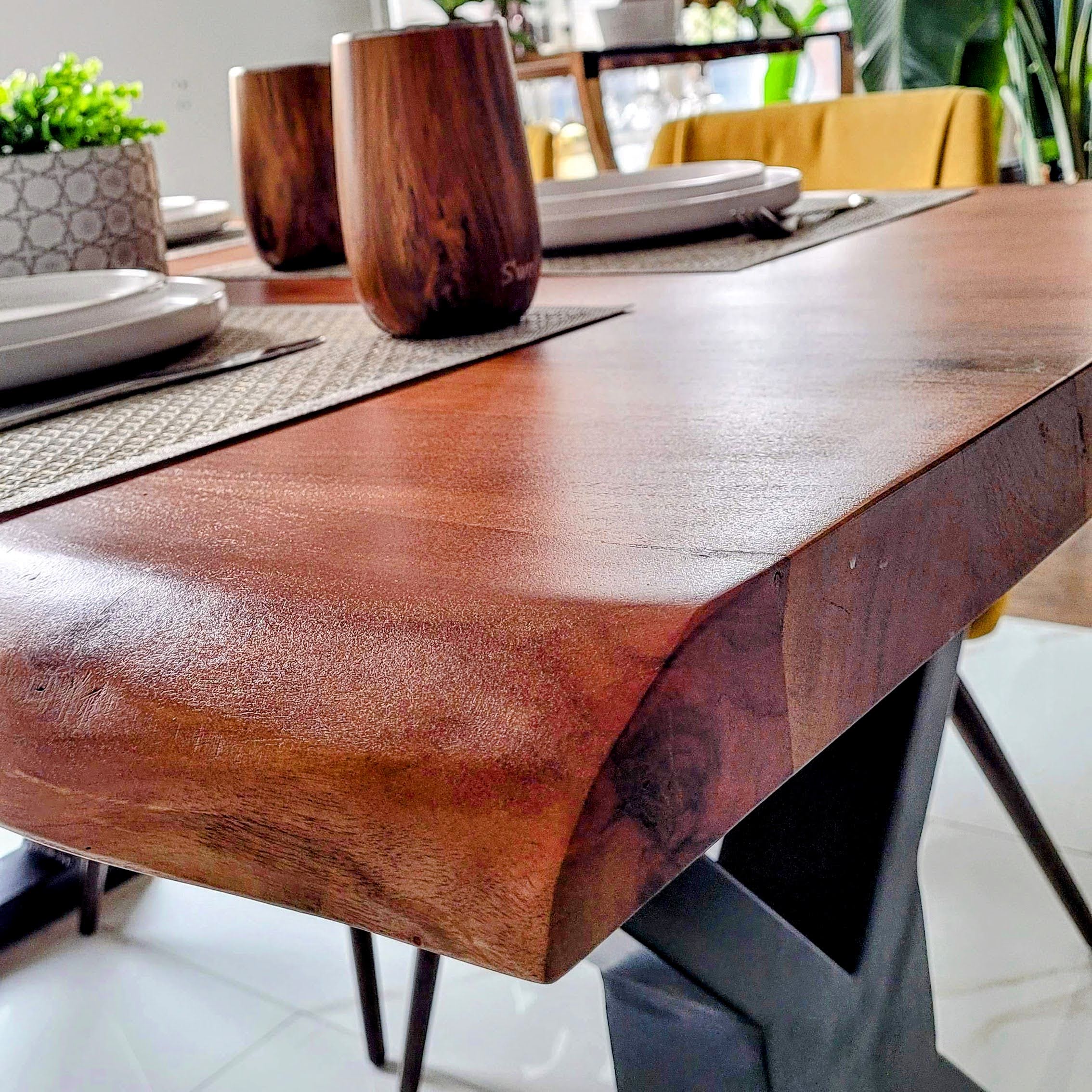 Live Edge Acacia Dining table | X Metal Legs | Natural Brown Color