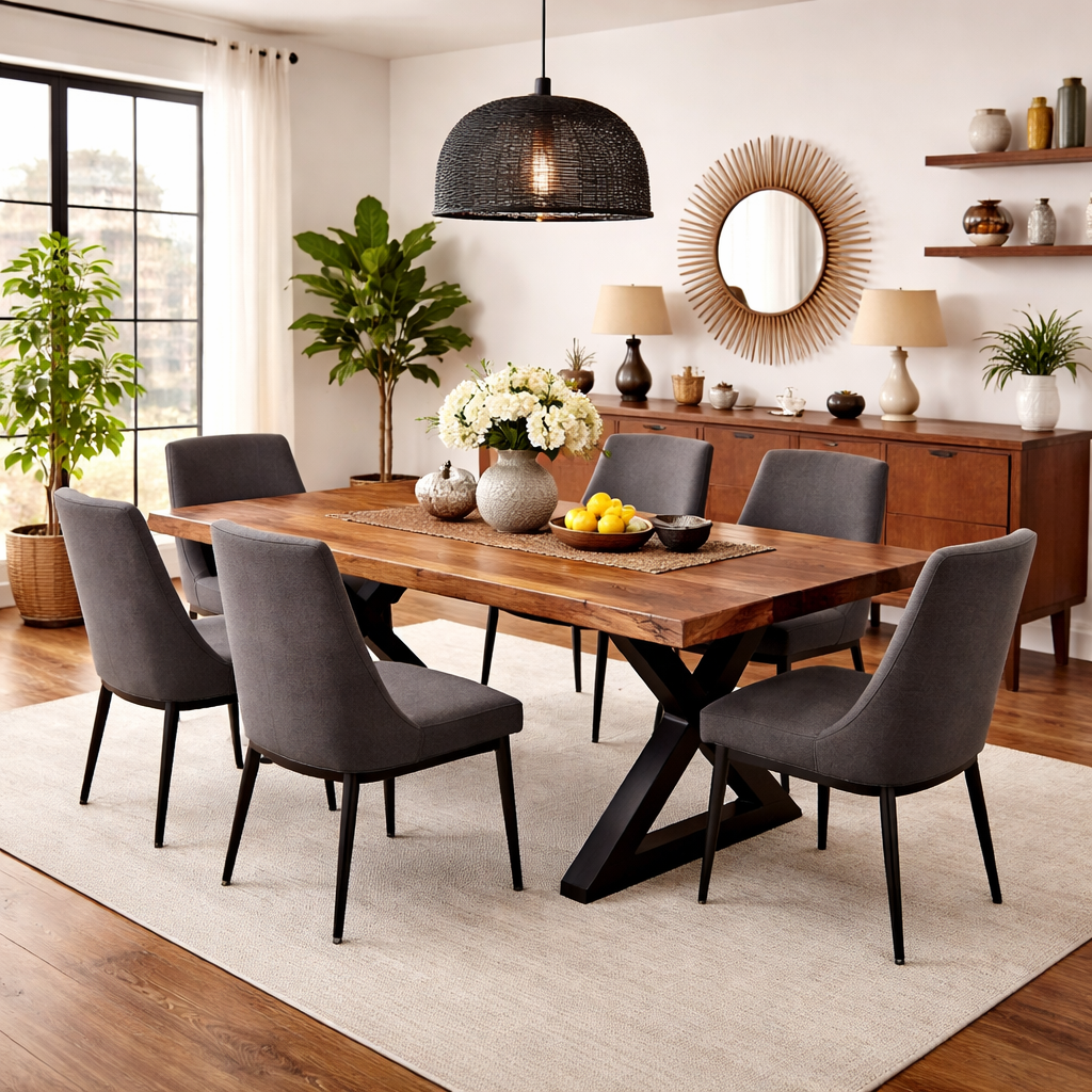 Live Edge Acacia Dining table | X Metal Legs | Natural Brown Color