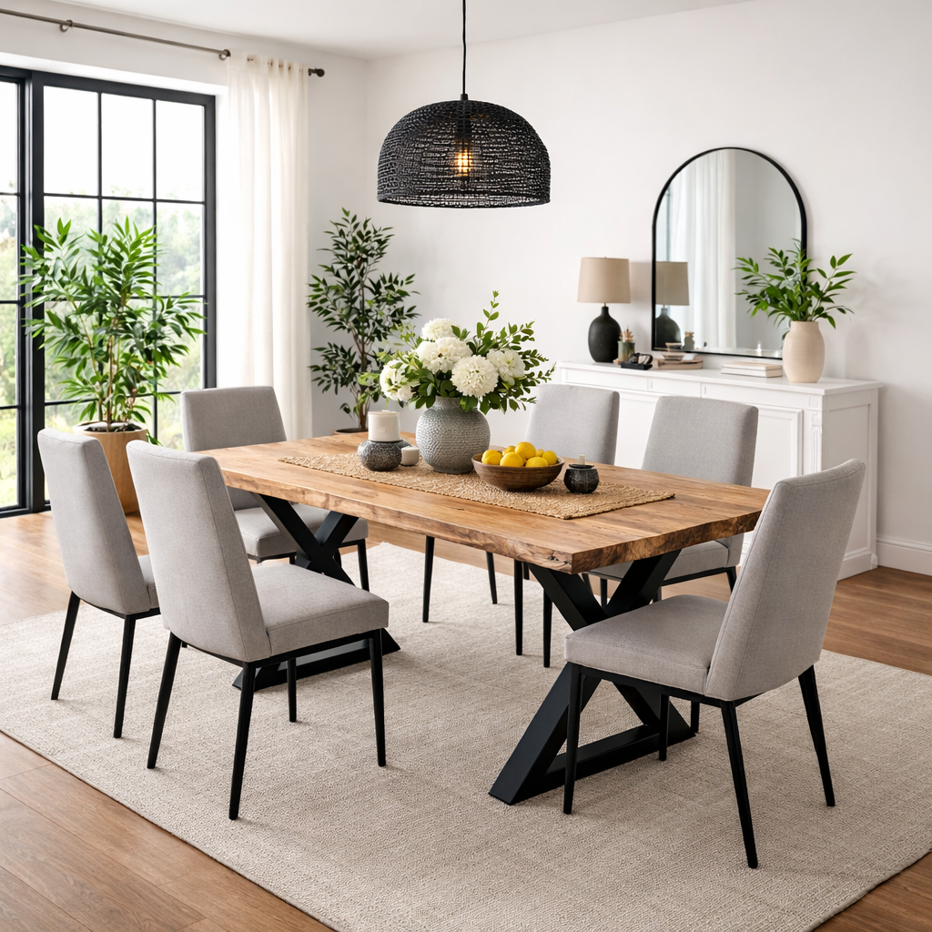 Live Edge Acacia Dining table | X Metal Legs | Light Brown Color