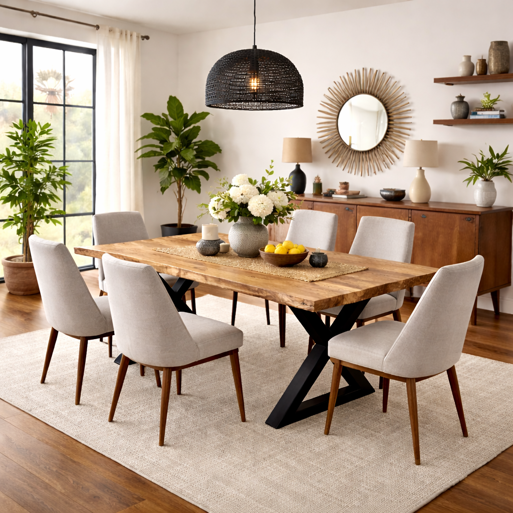 Live Edge Acacia Dining table | X Metal Legs | Light Brown Color