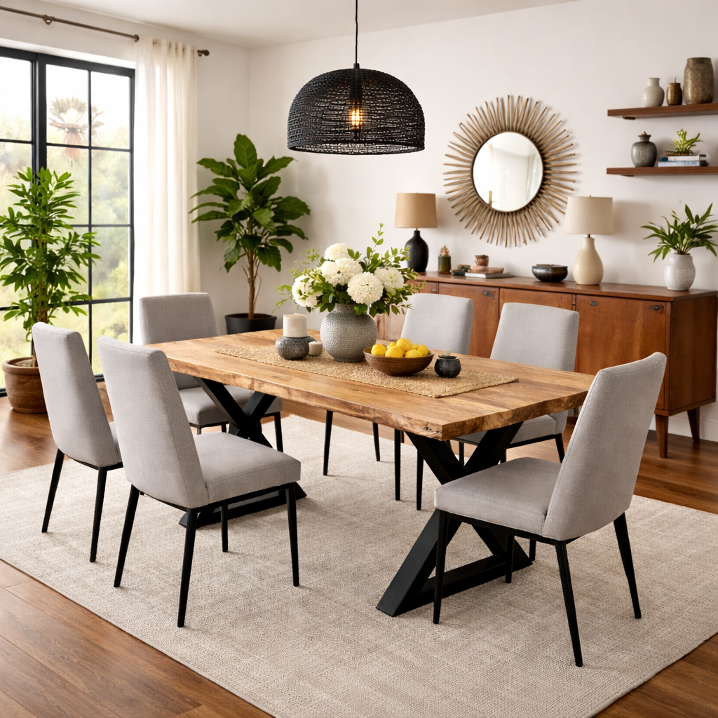 Live Edge Acacia Dining table | X Metal Legs | Light Brown Color