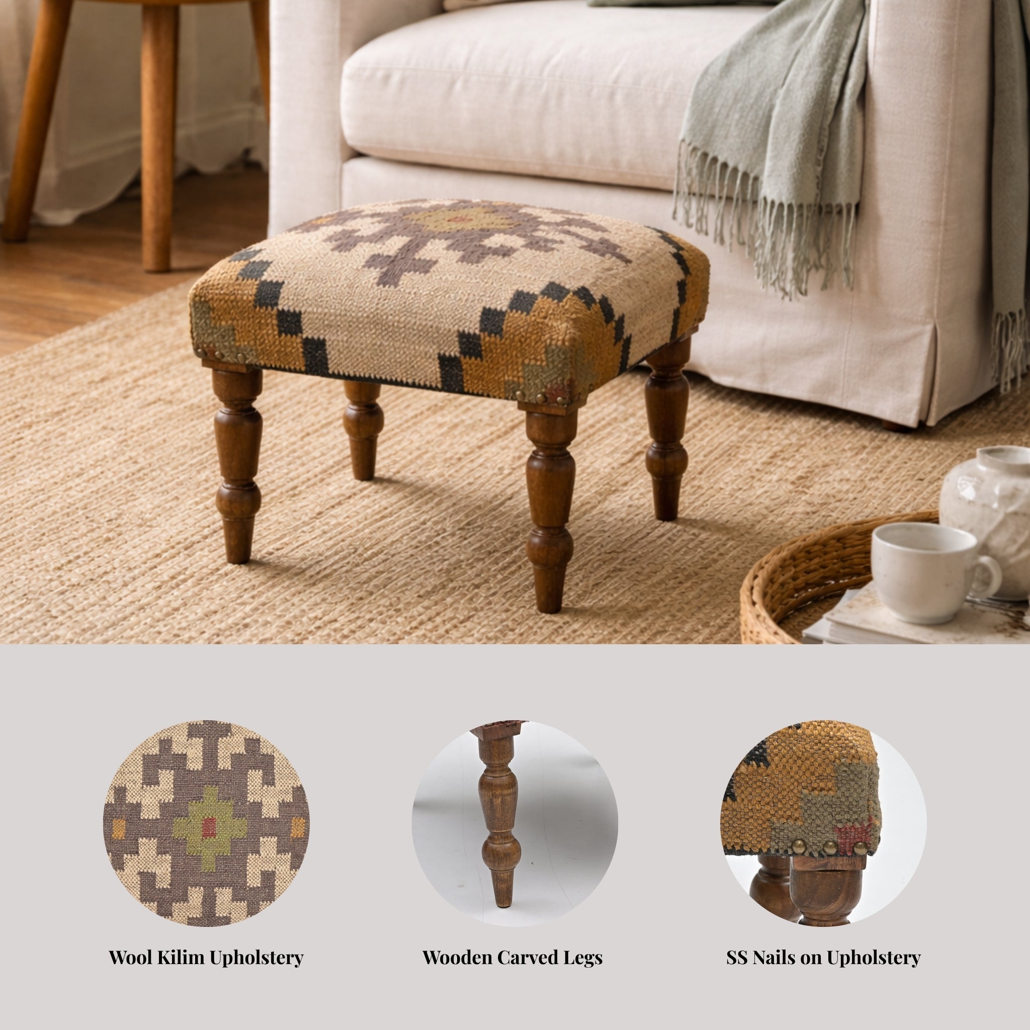 Sahara Handcrafted Kilim Upholstered Wooden Stool