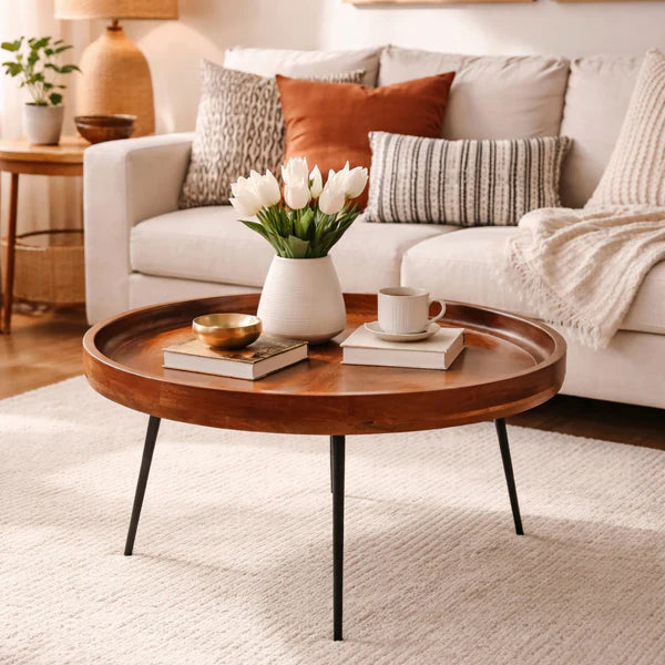 Stalwart Round Coffee Table | Solid Wood | Metal Legs