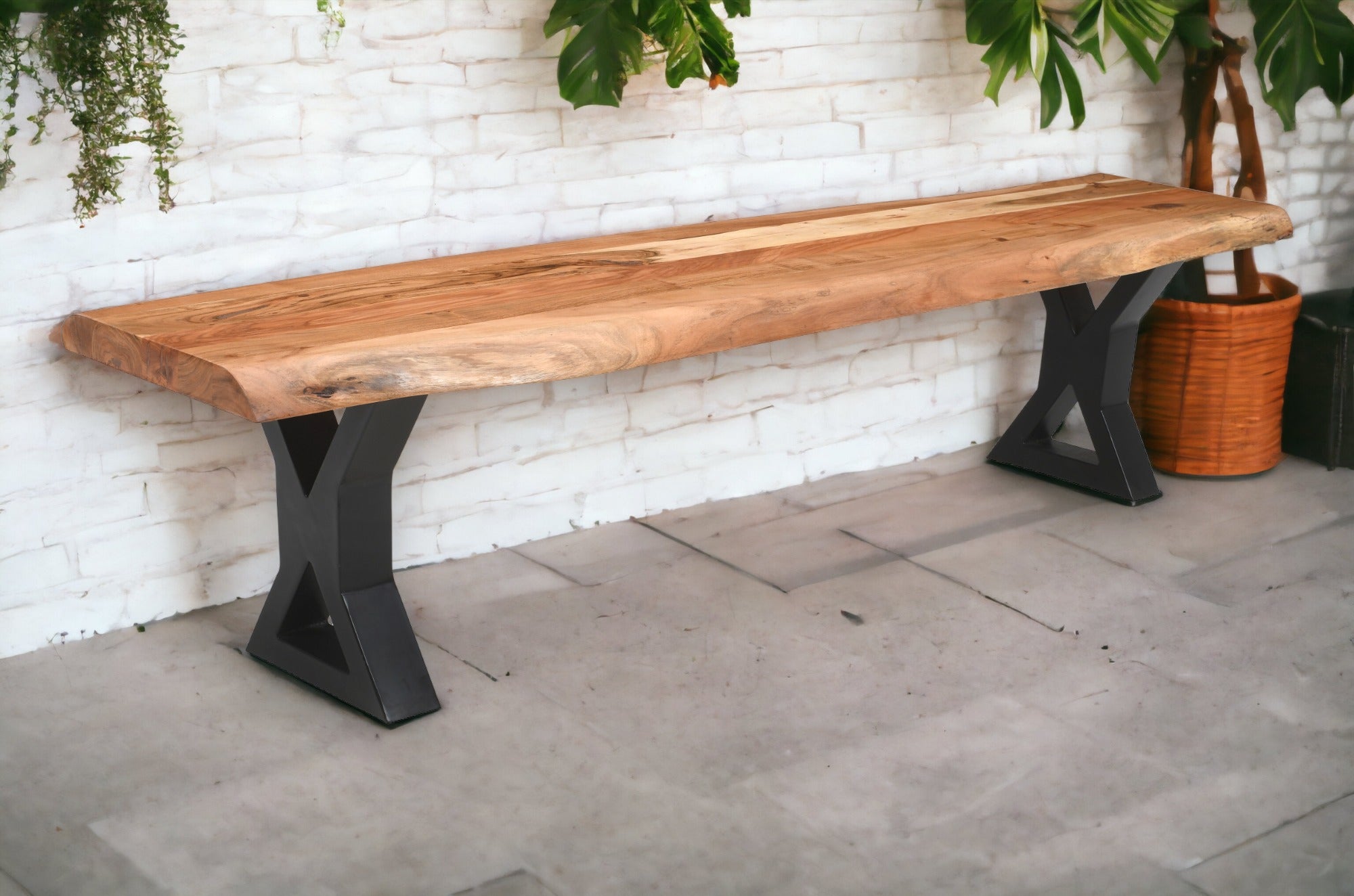 Live Edge Acacia Wood Handcrafted Bench with Metal Legs