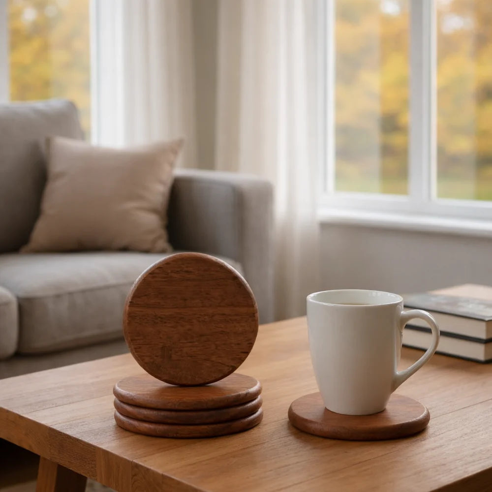 Terra Round Wooden Coasters set on a table with a white mug in a cozy living room.