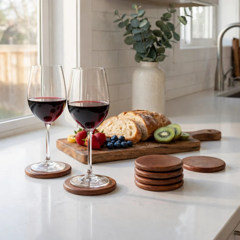 Two glasses of red wine on a kitchen counter with bread, fruit on Terra Round Wooden Coasters