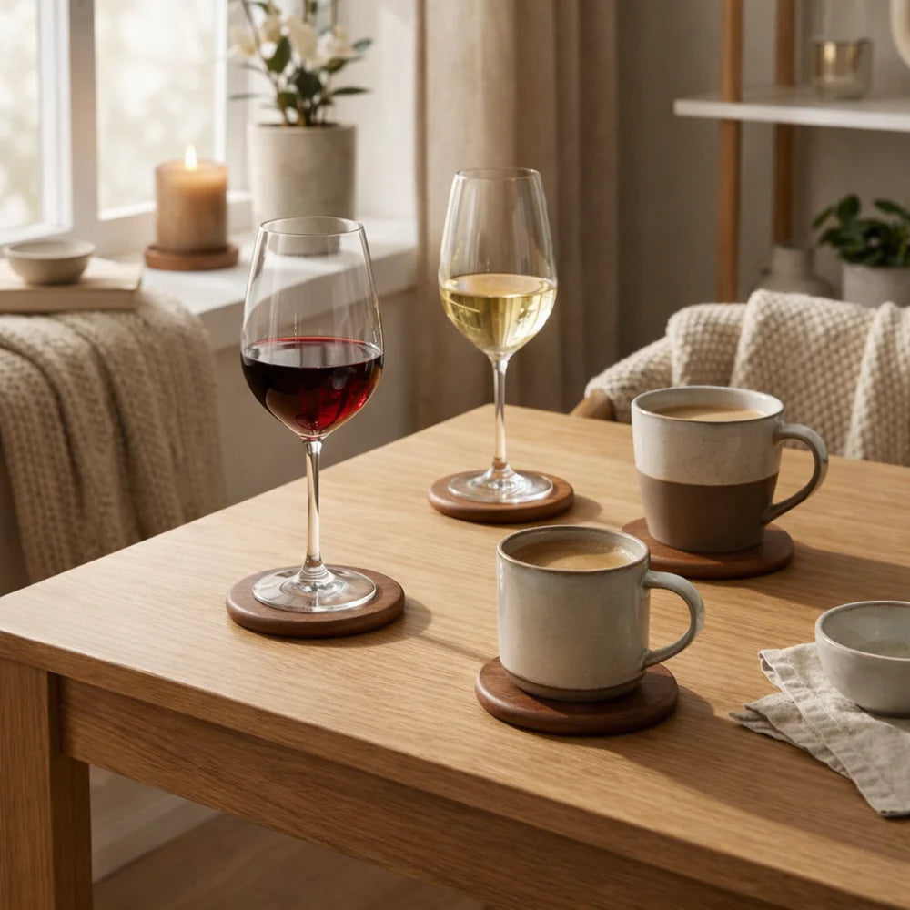 Two glasses of wine and two mugs on Terra Round Wooden Coasters with a cozy indoor setting.