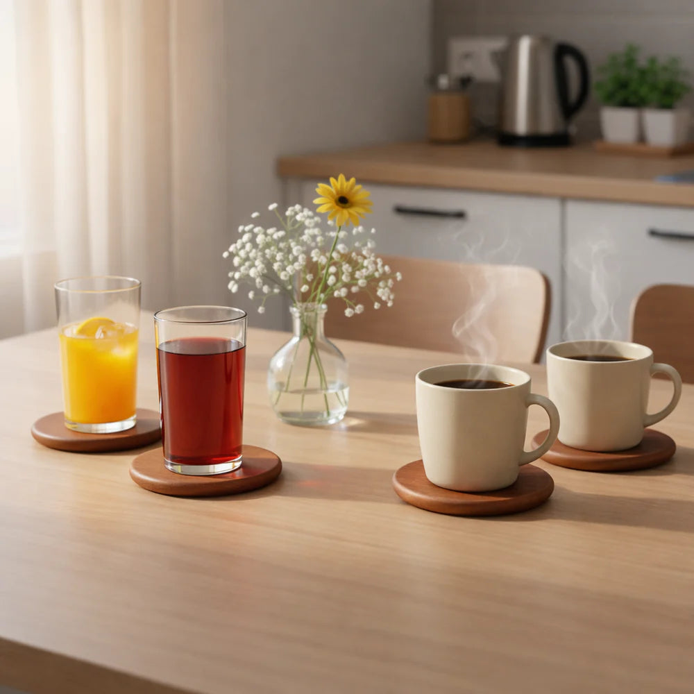 Two cups of coffee and two glasses of juice on Terra Round Wooden Coasters