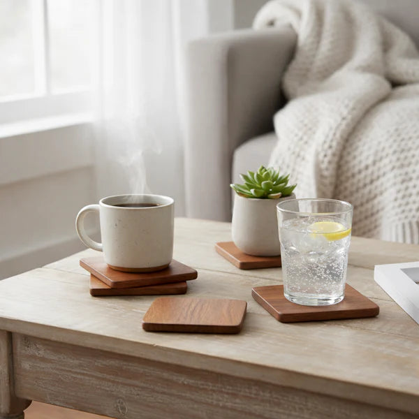 Mug with steaming coffee and glass of water on Terra Square Wooden Coasters with a small plant in the background.