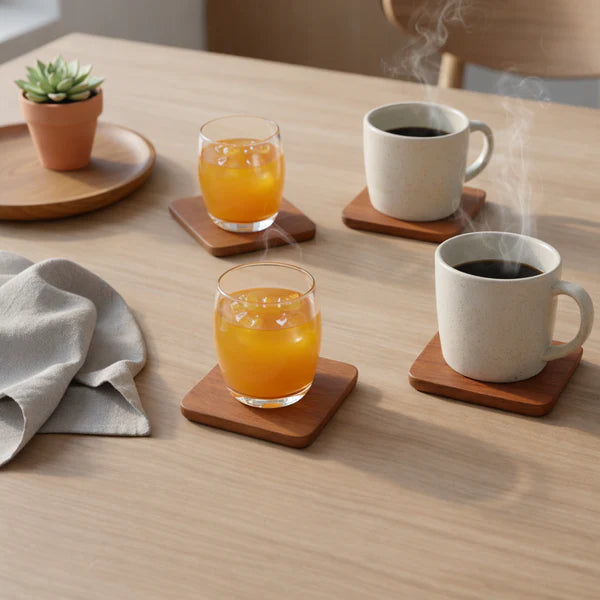 Two glasses of orange juice and two white mugs with steaming coffee on a Terra Square Wooden Coasters