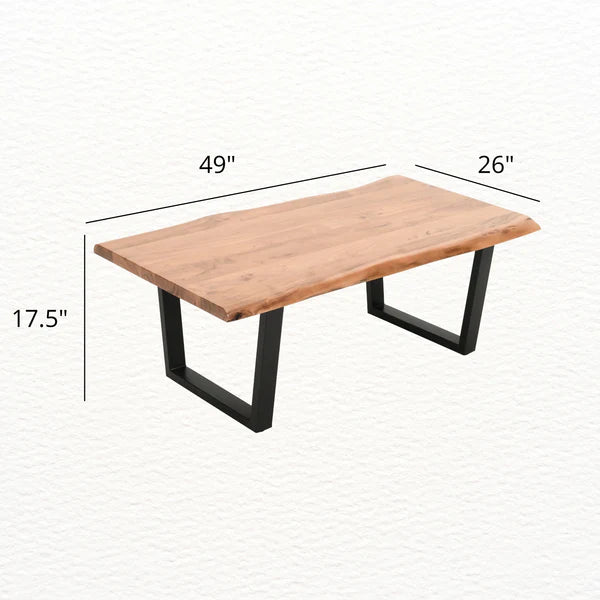 Front view of solid acacia live edge coffee table with organic wood edges with dimensions