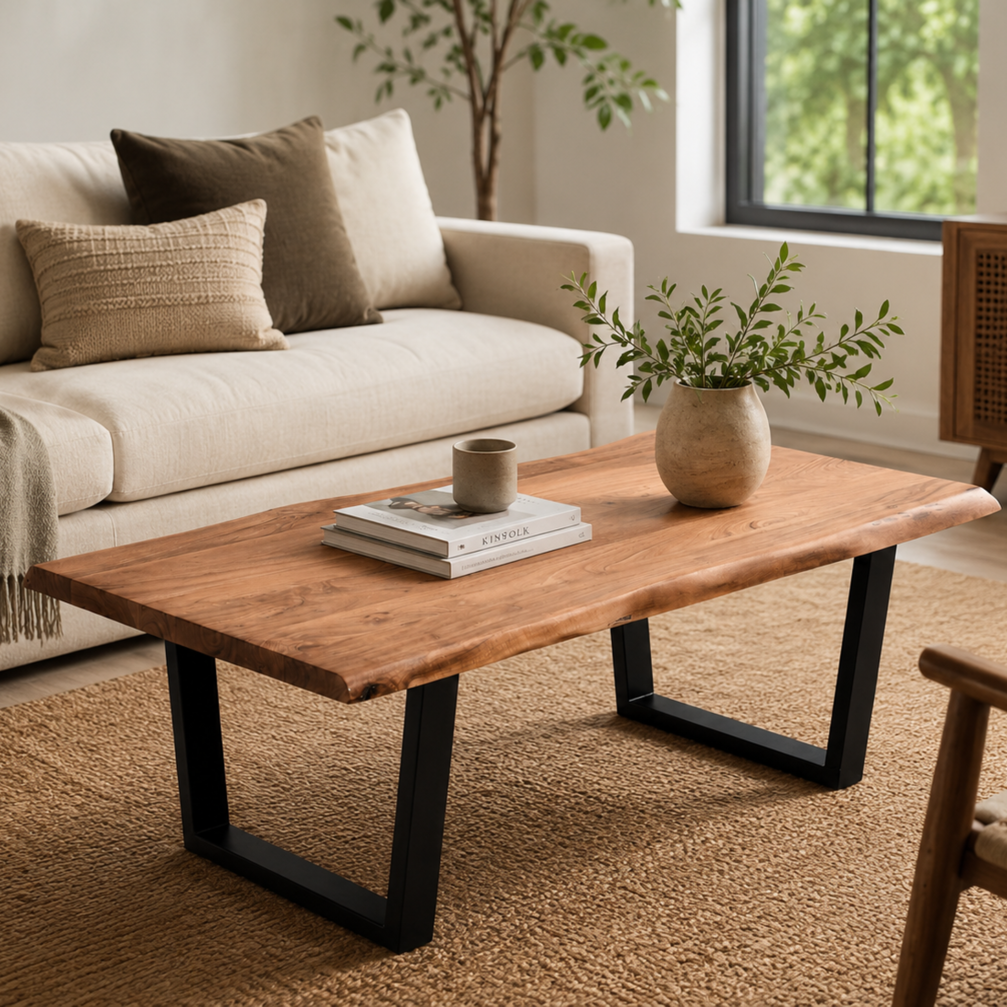 Acacia Live Edge Coffee Table with U-Leg Base styled in a bright modern living room with natural sunlight, rustic live edge wood top, tea set, and black metal base.