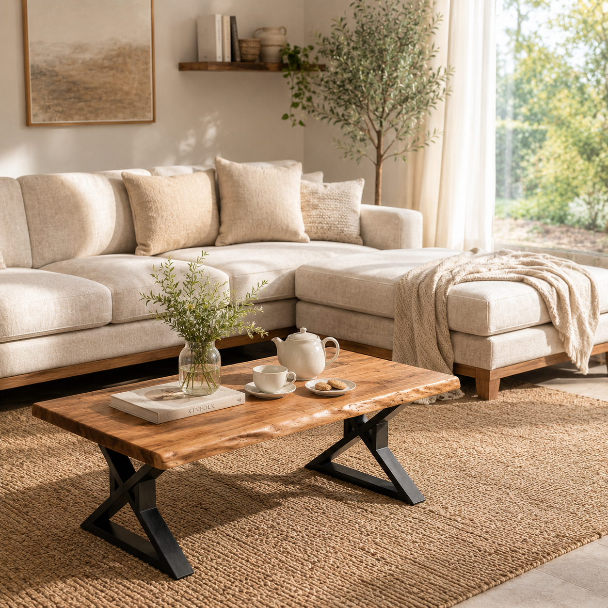 Acacia Live Edge Coffee Table with X-Leg Base styled in a bright modern living room with soft natural sunlight, black metal base, tea set, and rustic live edge wood top.