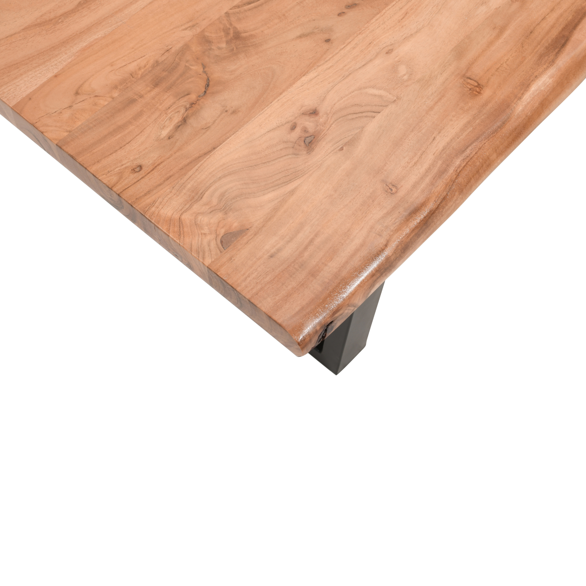 Close-up detail of acacia live edge coffee table top showing natural wood texture and grain pattern