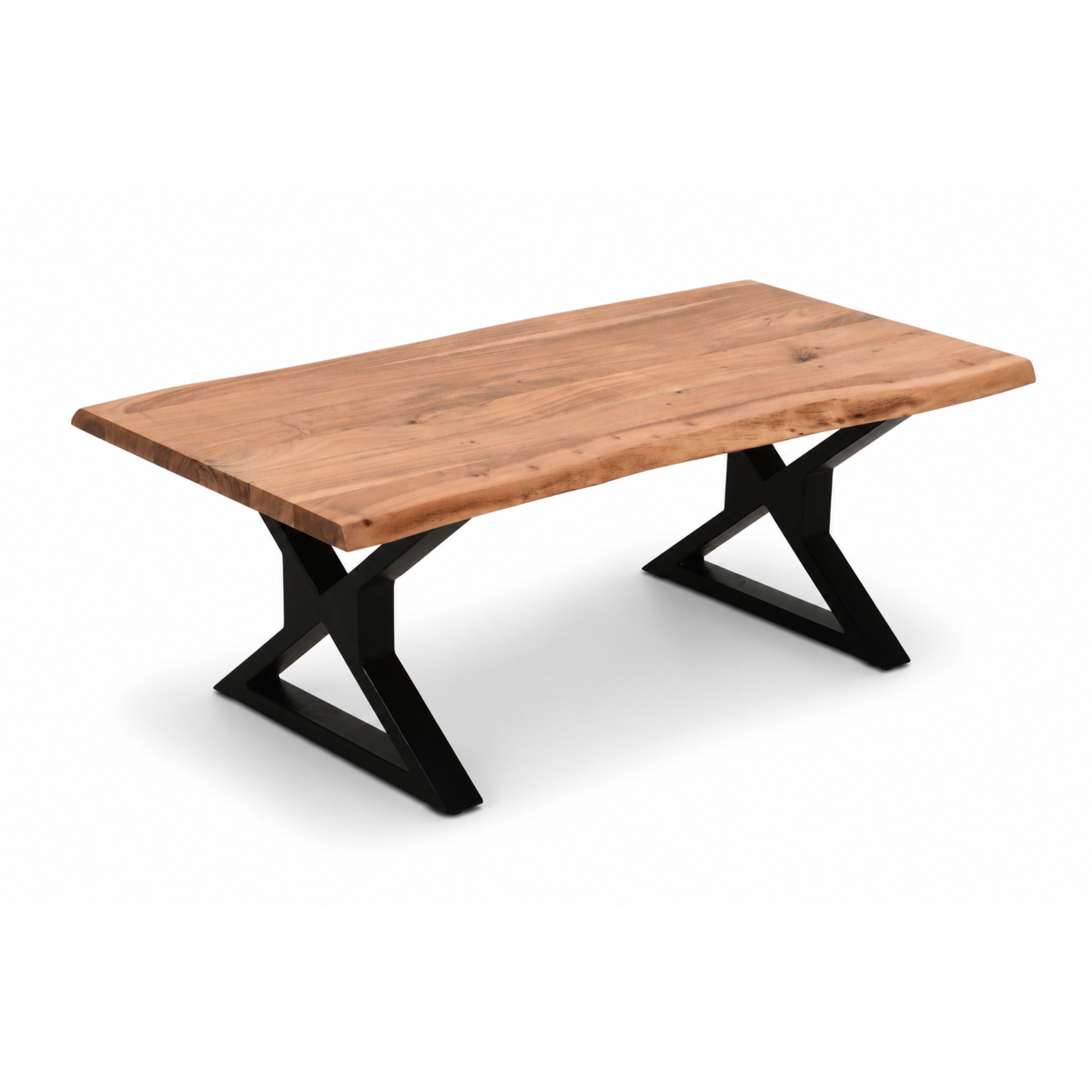 Angled view of handcrafted acacia live edge coffee table with black X-leg metal base.