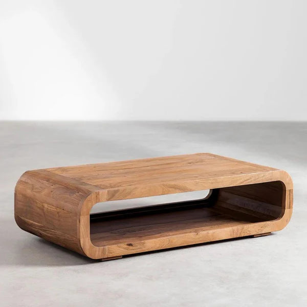 side view of rectangular acacia wood coffee table showing natural grain texture
