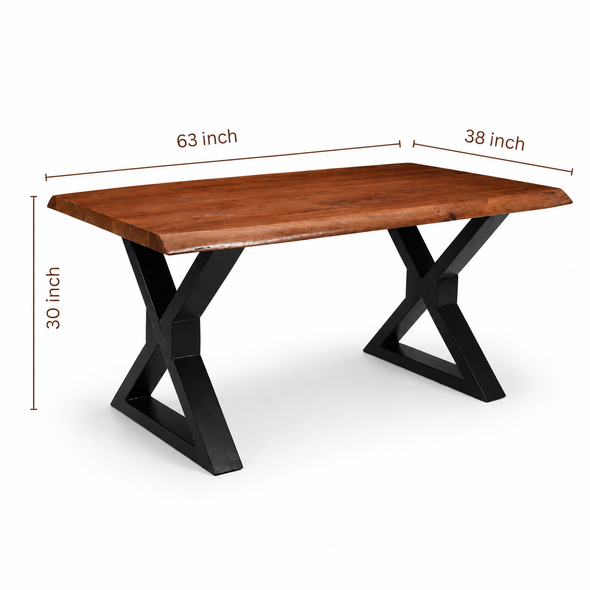 Live Edge Acacia Dining table | X Metal Legs | Natural Brown Color