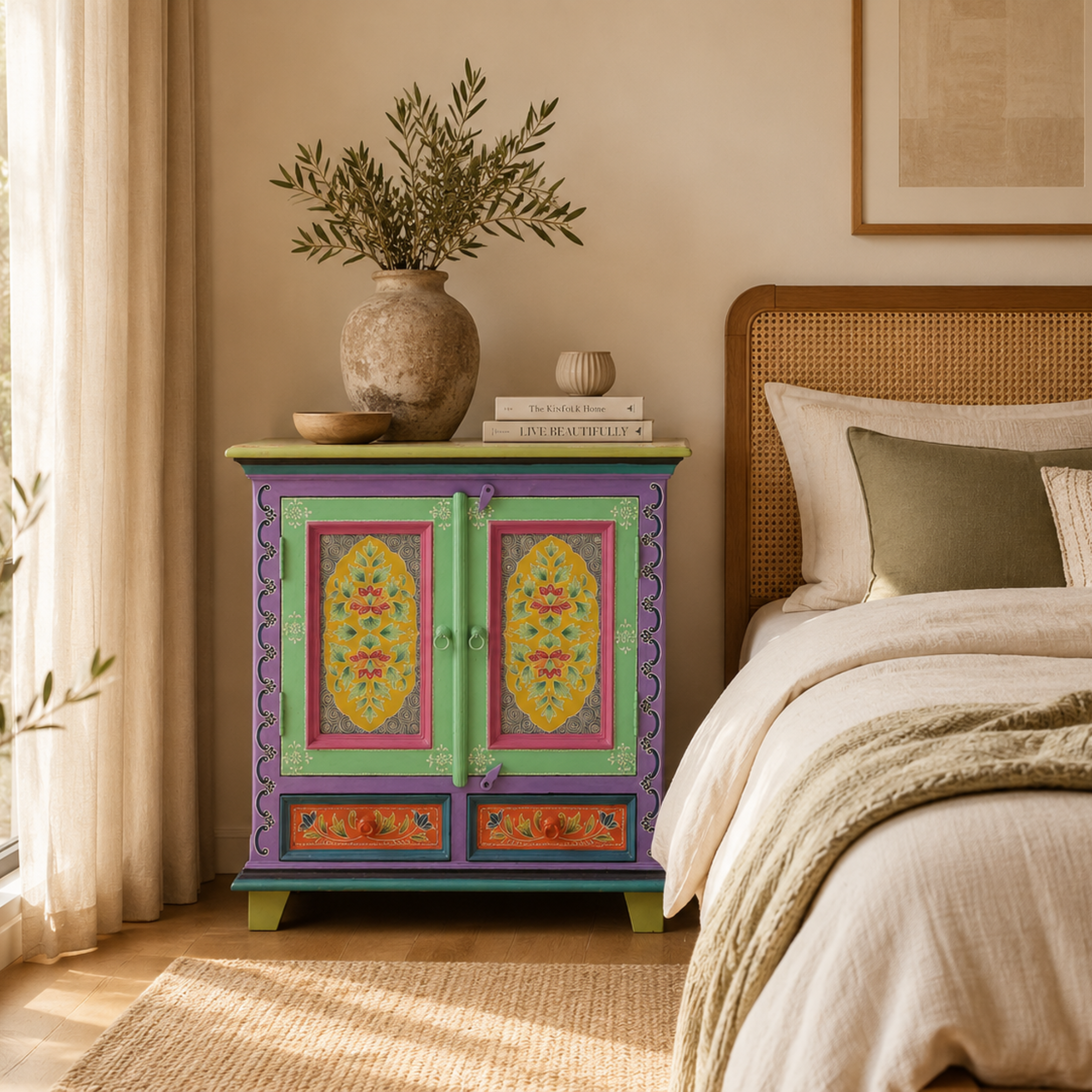 Aqua Bloom Cabinet placed beside a bed in a cozy bedroom, featuring hand-painted floral patterns and practical storage space.