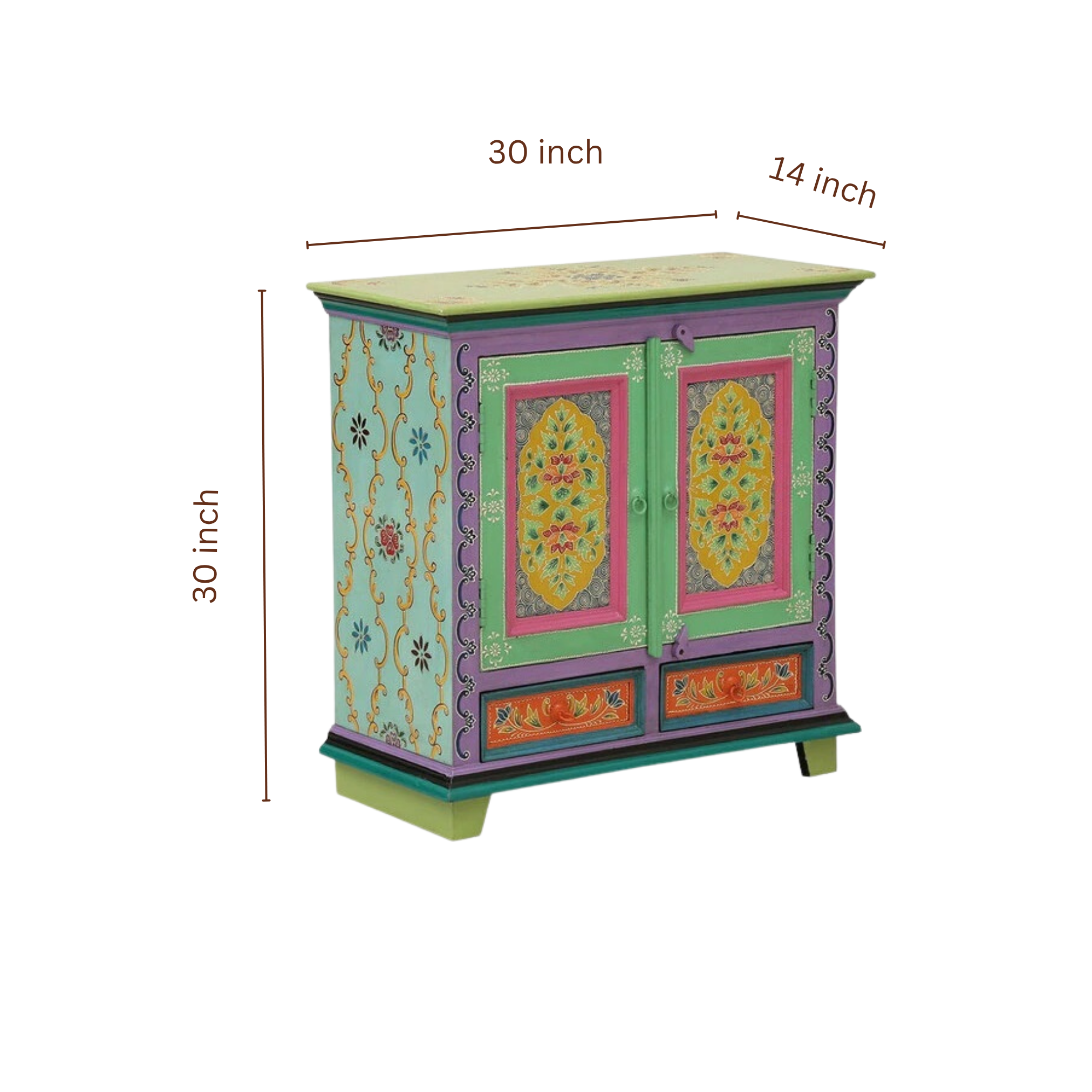 Aqua Bloom Cabinet dimensions showing 30-inch width, 30-inch height, and 14-inch depth for accurate furniture sizing and placement.
