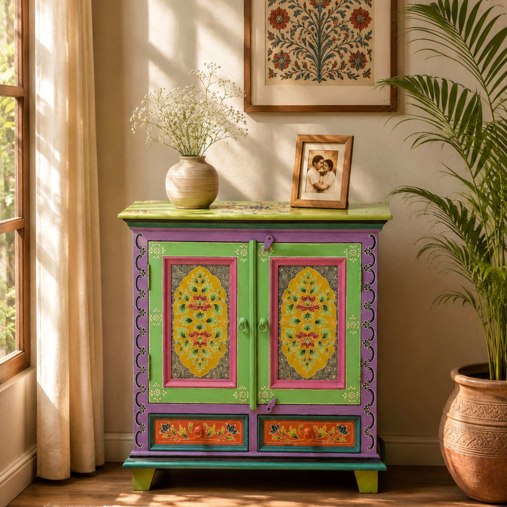 Aqua Bloom Cabinet styled in a bright living room with decorative vase, framed artwork, and indoor plant, adding colorful artisan charm.