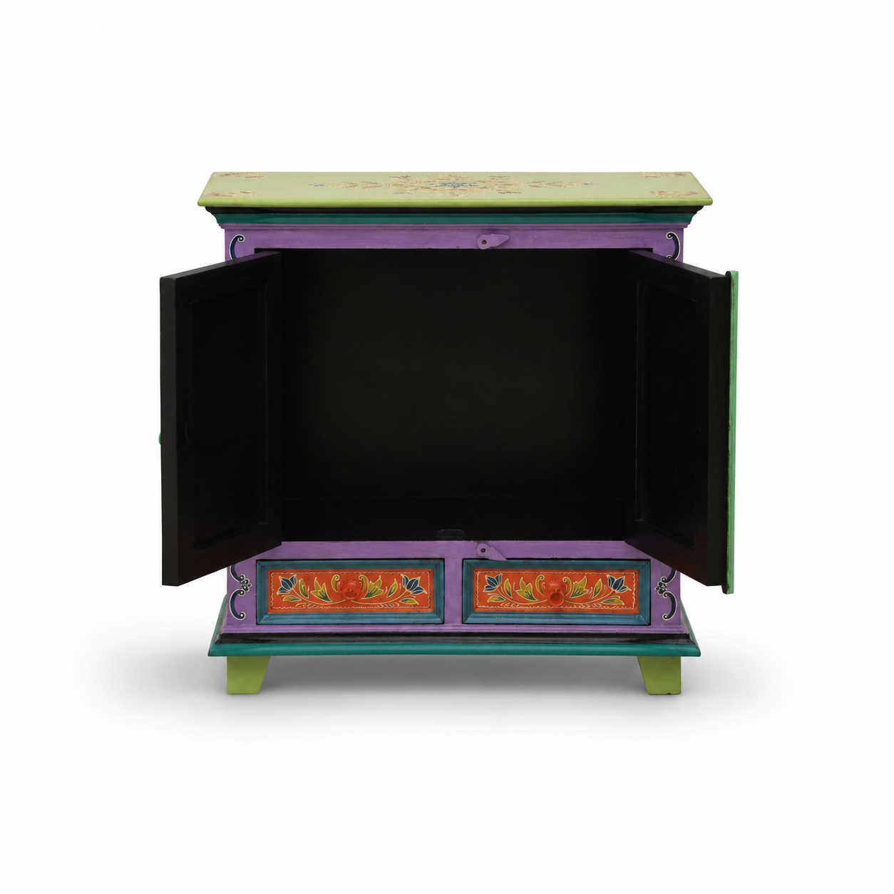 Aqua Bloom Cabinet with doors open showcasing spacious interior storage compartment and two decorative drawers in a colorful handcrafted design.