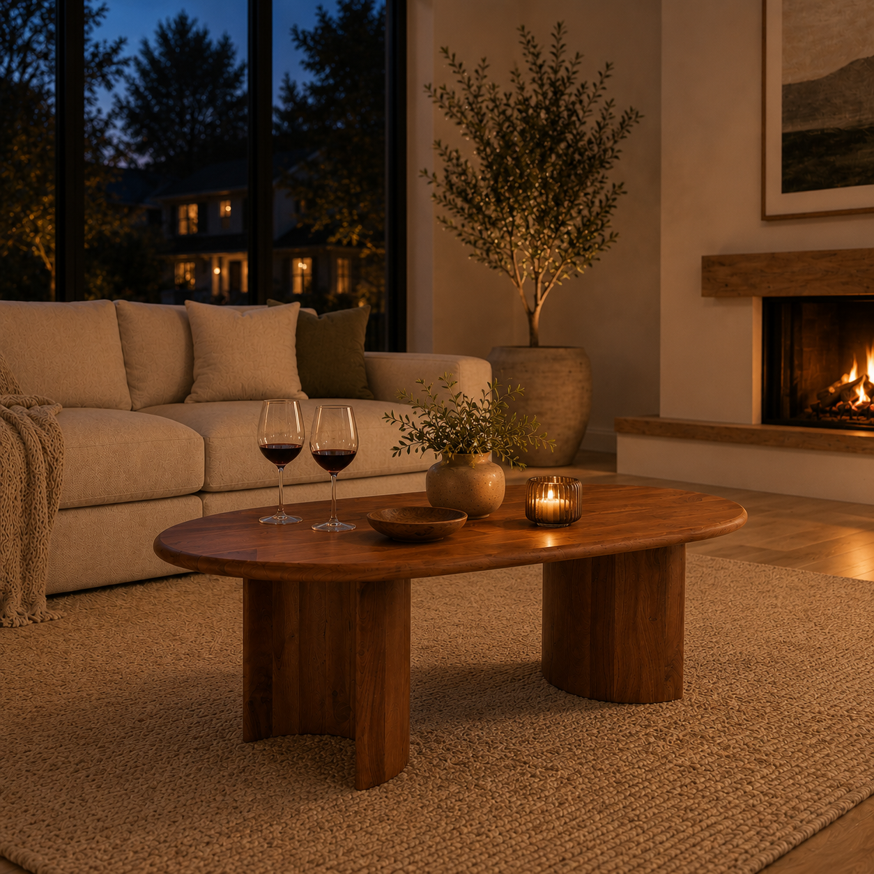 Aurora Handcrafted Oval Coffee Table with Crescent Base in a cozy Canadian living room featuring warm evening lighting, wine glasses, candlelight, and a modern fireplace.