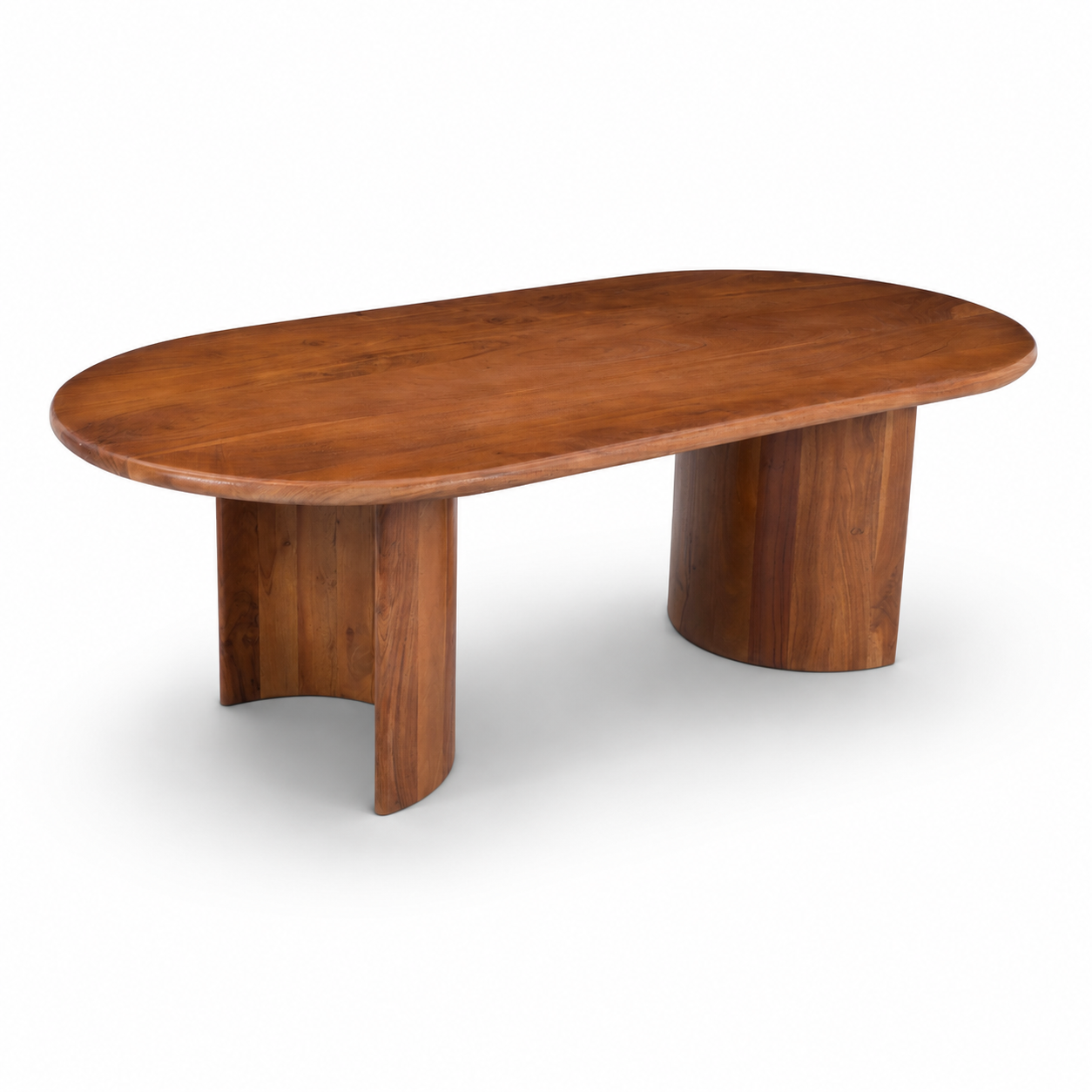 Angled view of Aurora Oval Coffee Table crafted from solid acacia wood with rounded oval top and crescent base.