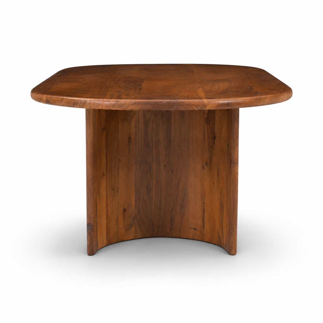 Side profile of Aurora Oval Coffee Table featuring a smooth oval tabletop and curved acacia wood pedestal legs.