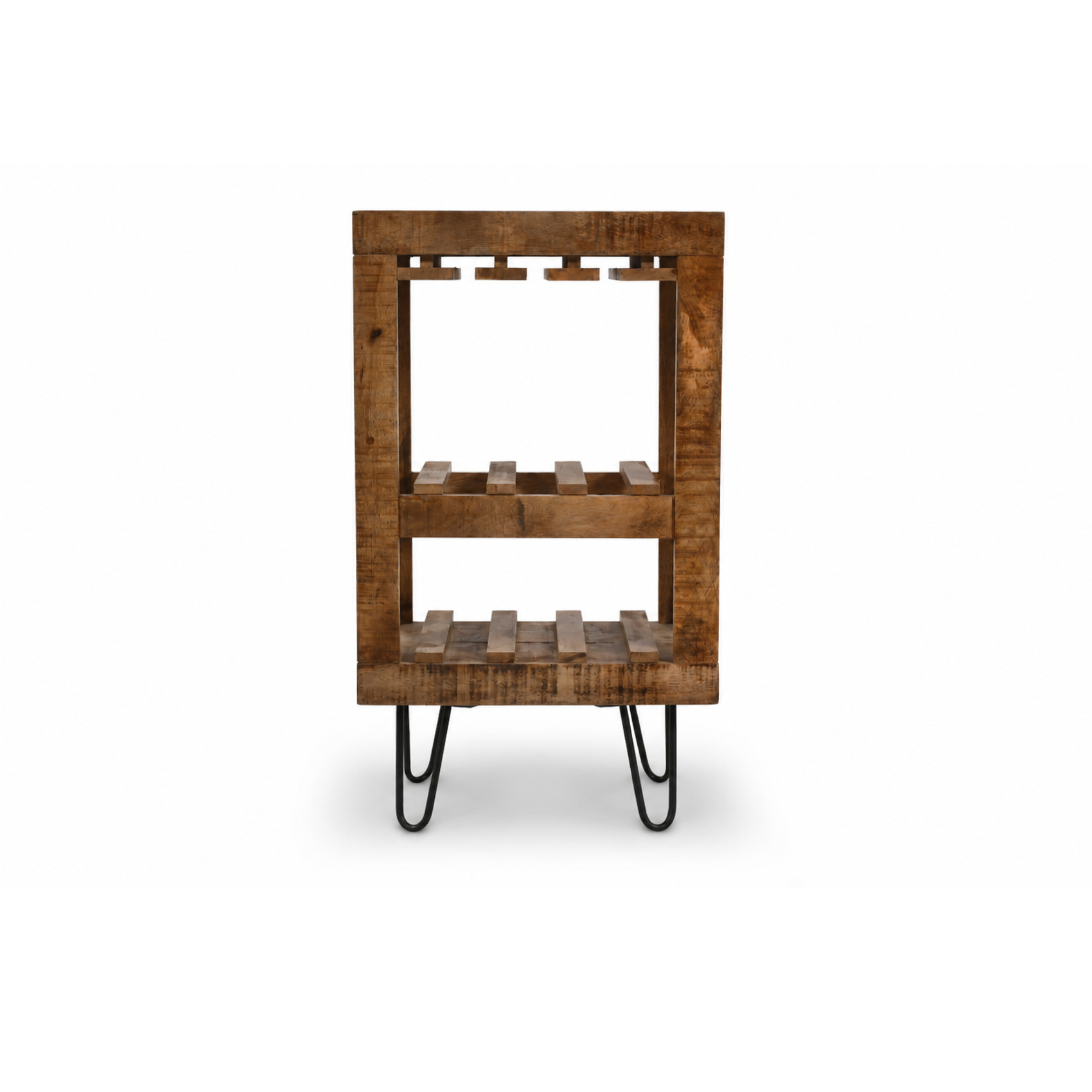 Handcrafted mango wood bar cabinet with black metal legs front view