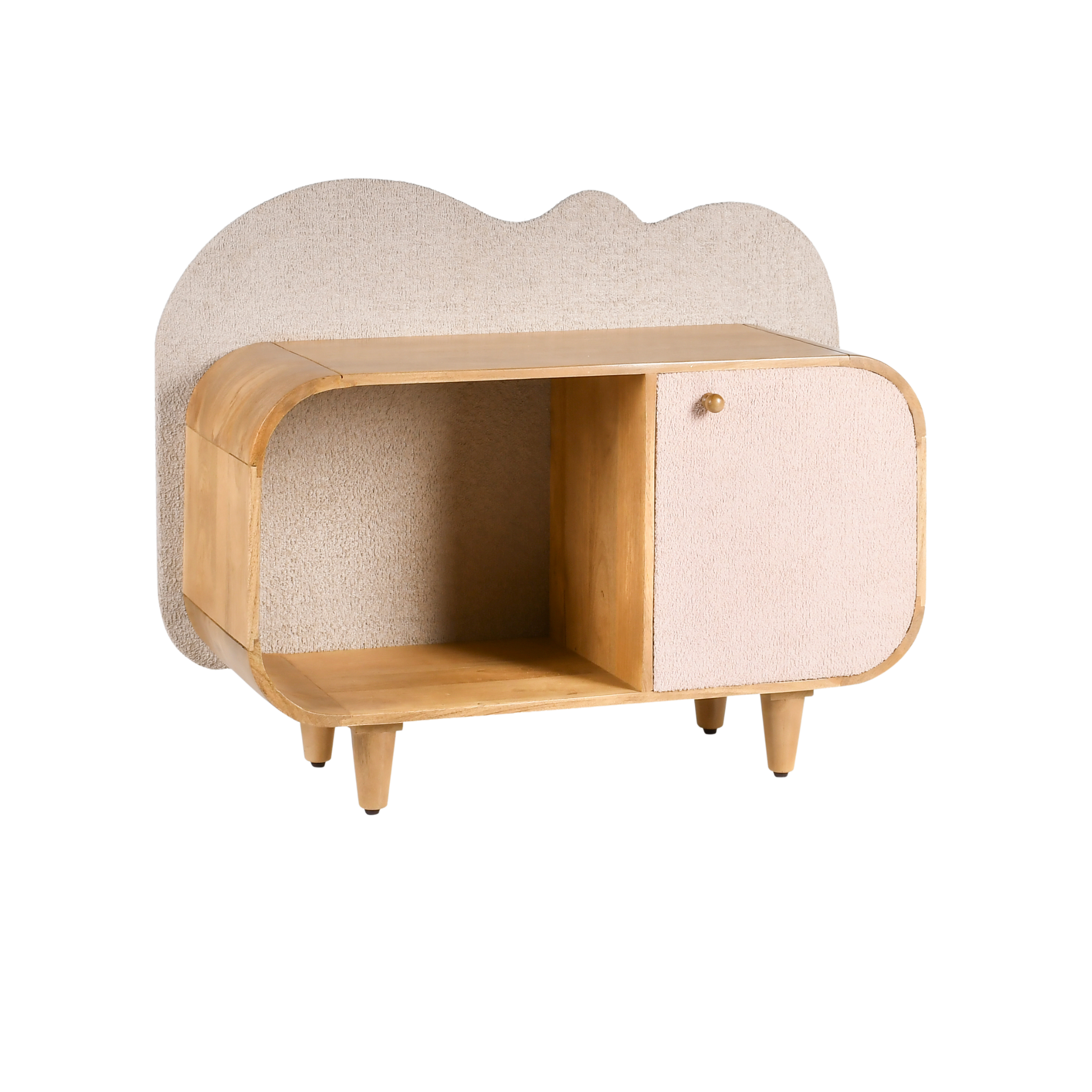 Angled view of Bento wooden kids storage bookshelf with rounded wooden edges