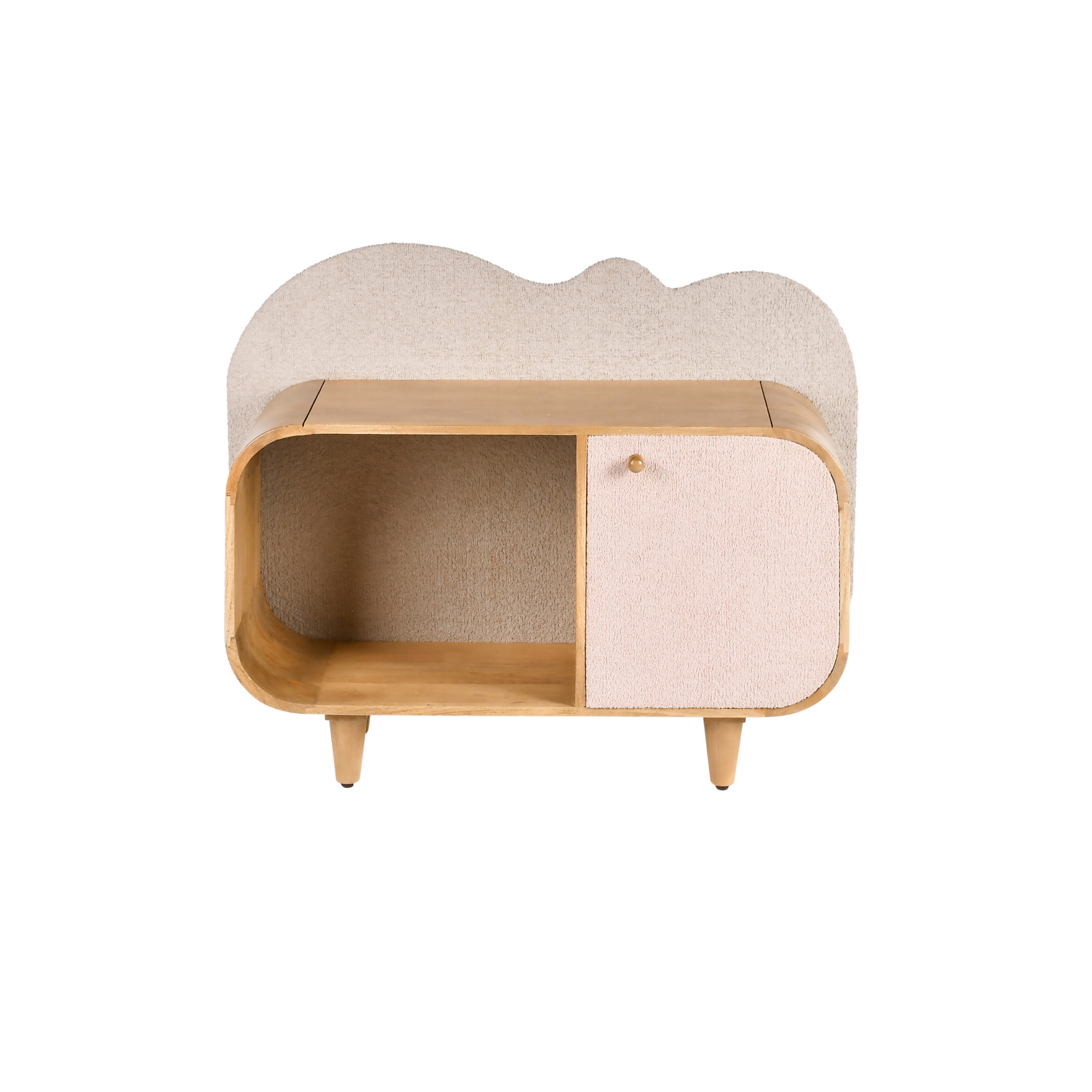 Front view of Bento wooden kids storage bookshelf with boucle panel and open storage