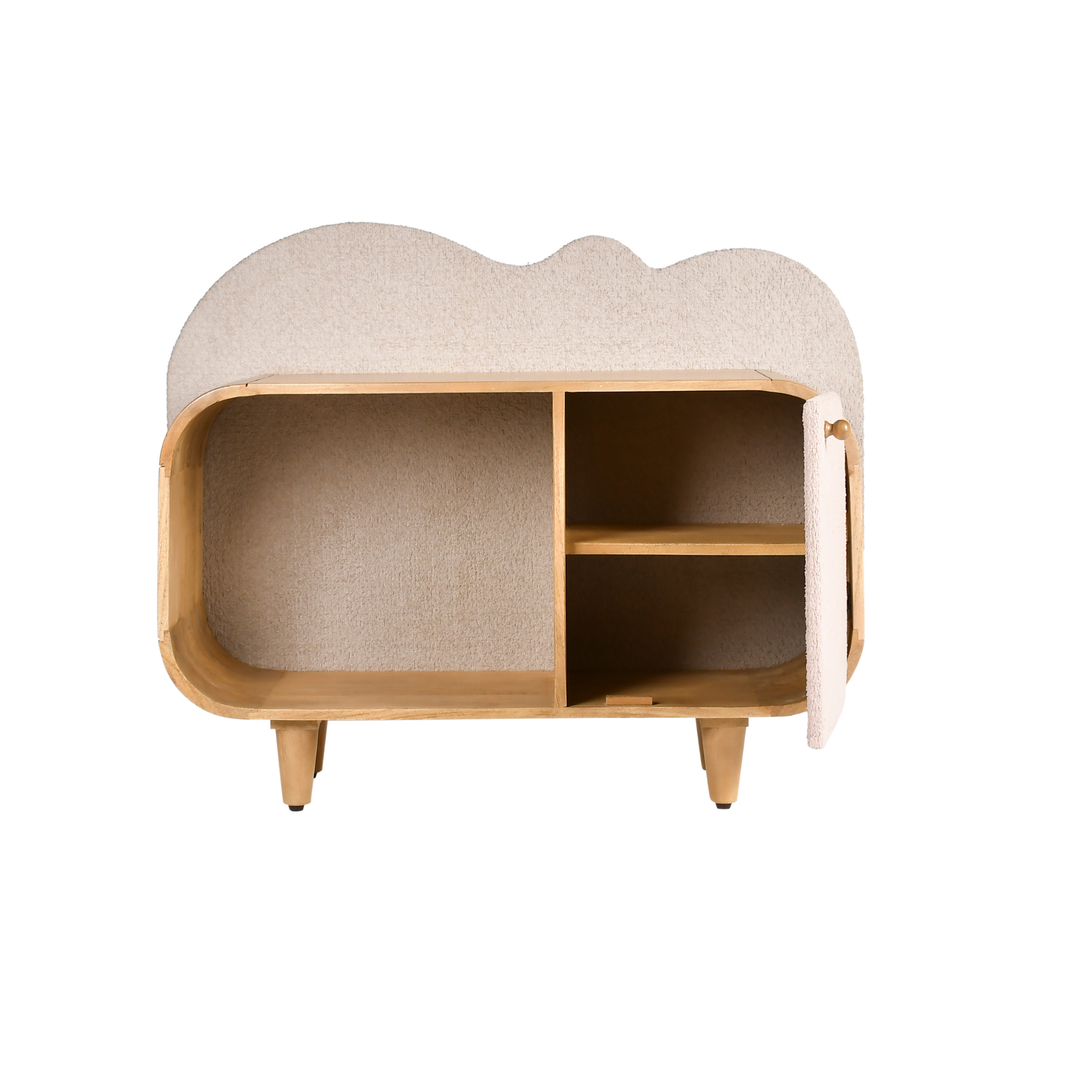 Bento wooden kids storage bookshelf with open cabinet door showing interior shelves