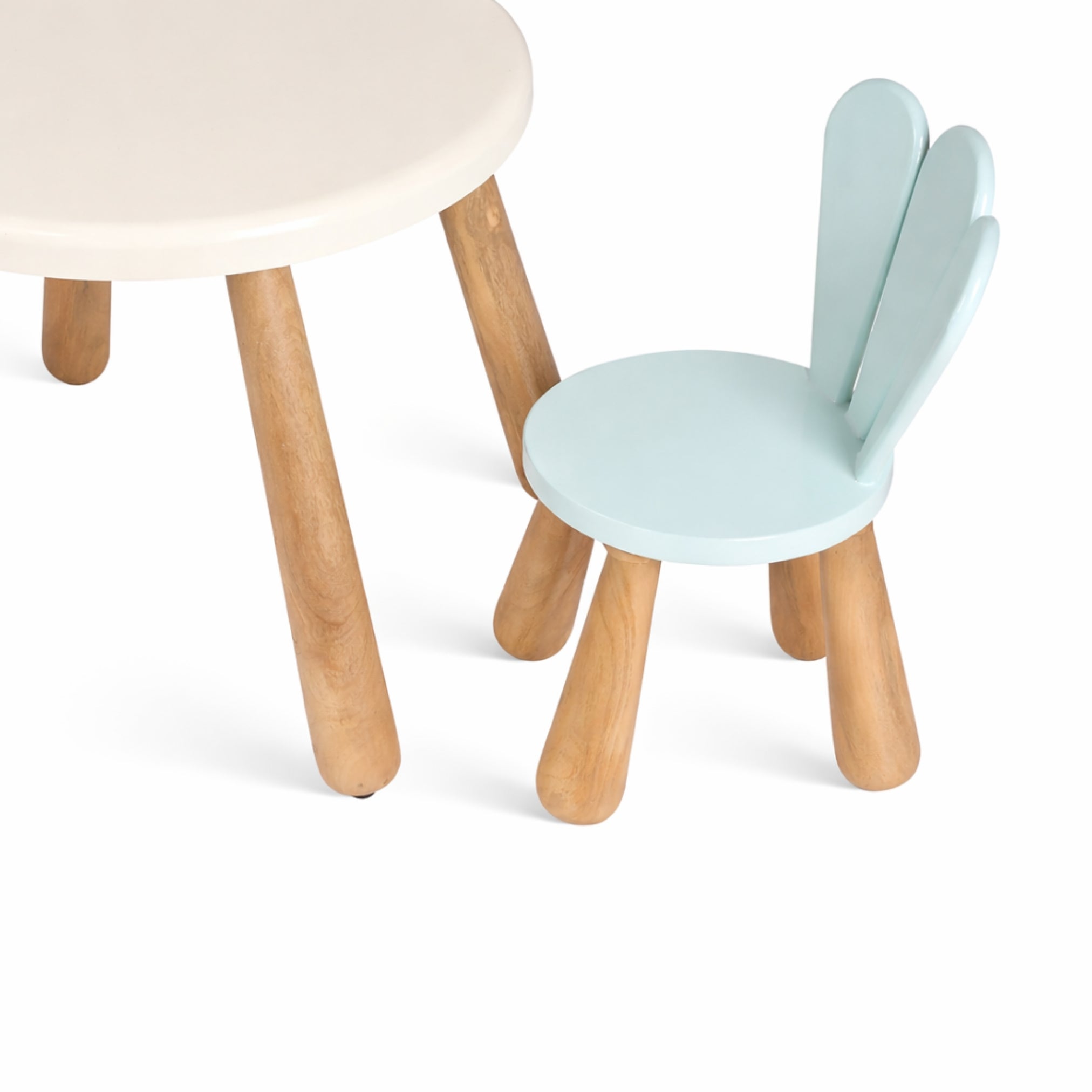 Blue petal kids chair with wooden legs and round table