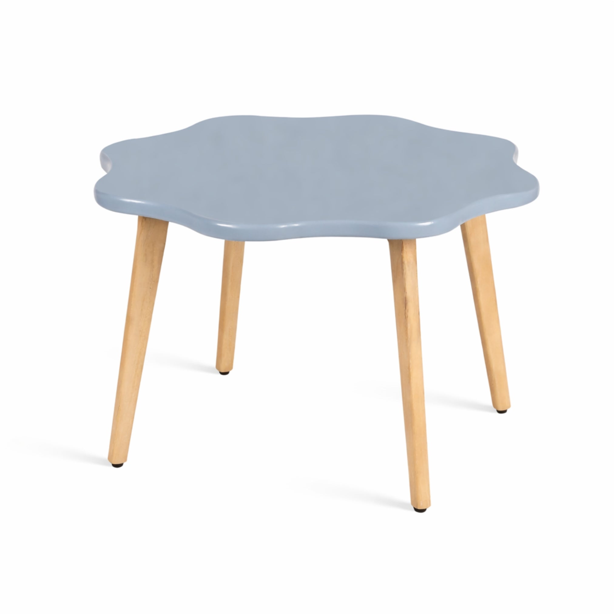 Angled view of Blume round wooden kids table in grey with sturdy wooden legs