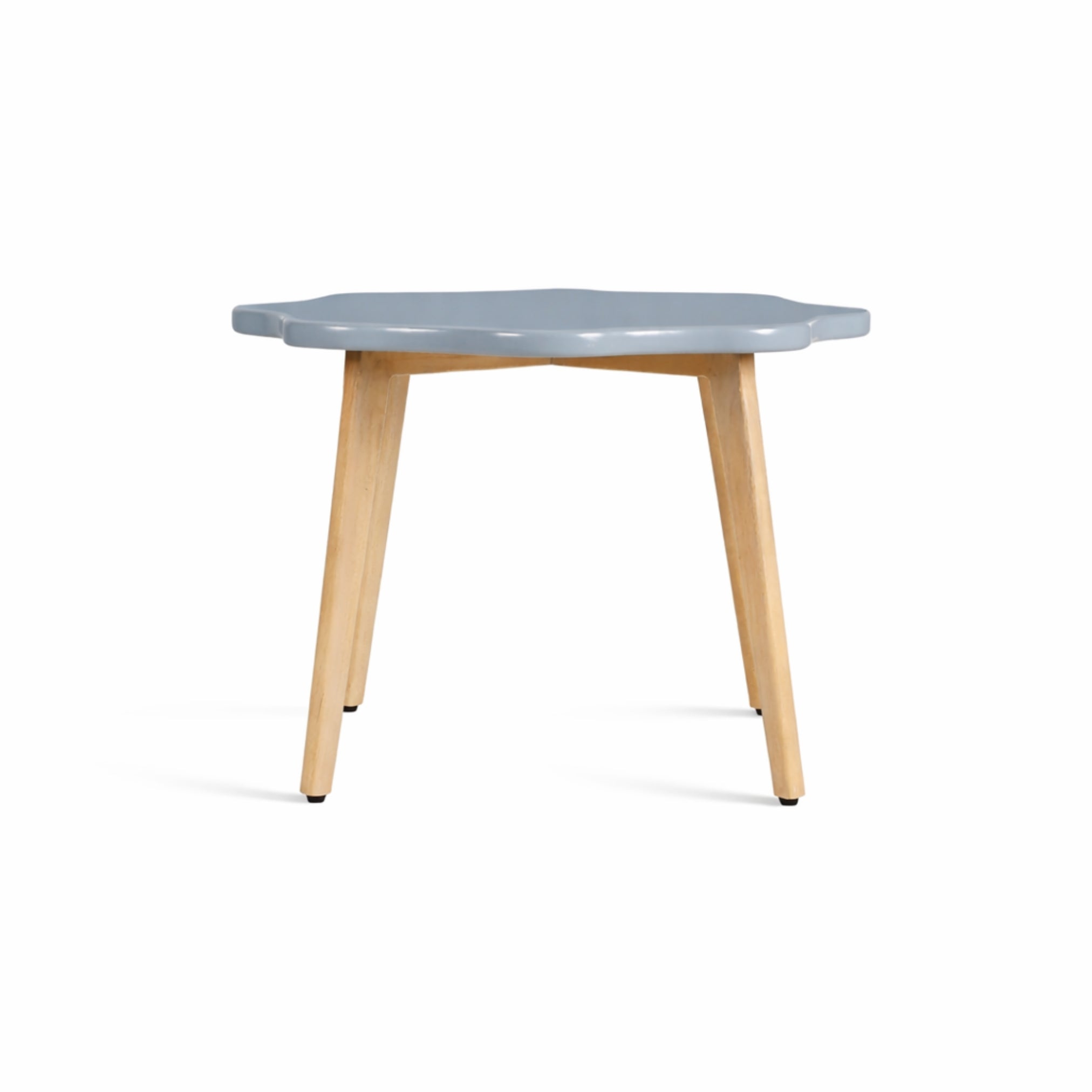 Front view of Blume round wooden kids table in grey with natural wood legs