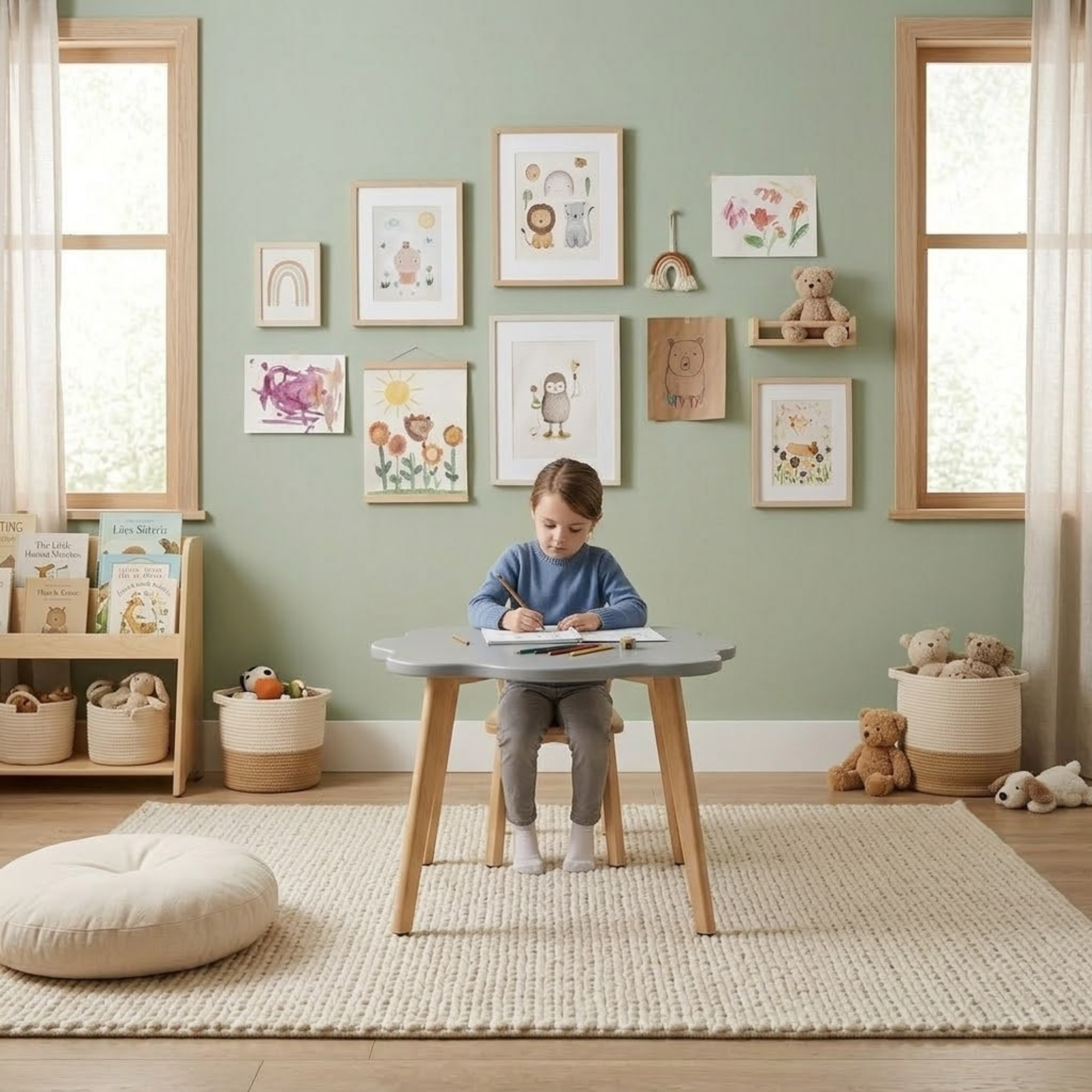 Blume grey kids table with natural chairs in a modern kidsroom setup