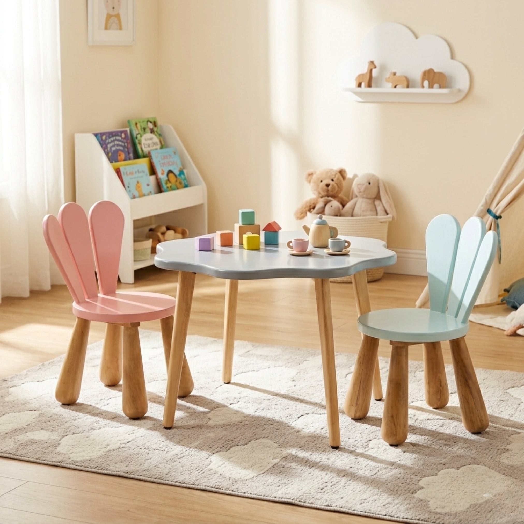 Blume grey kids table set with pastel wooden chairs in a minimalist nursery playroom