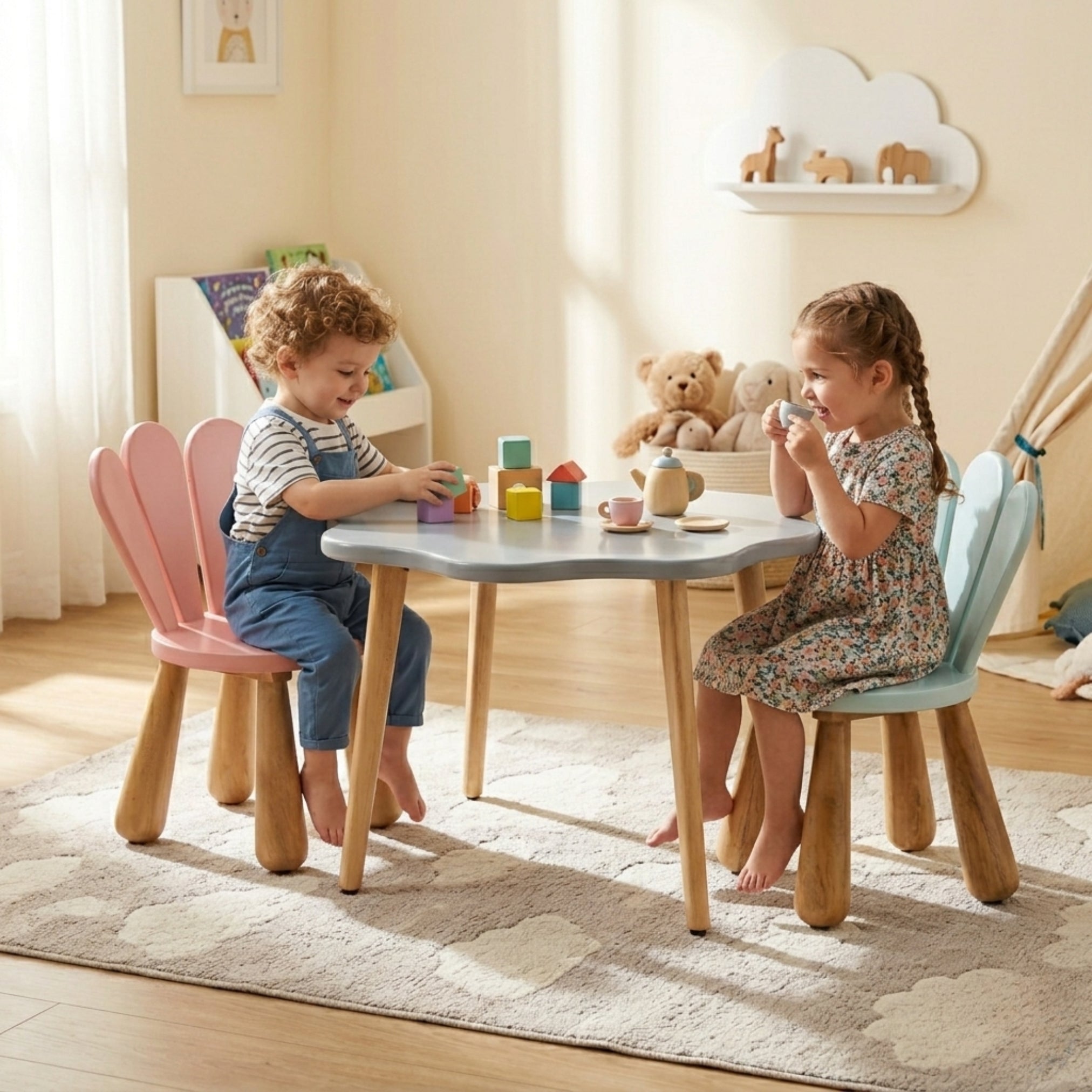 Blume grey kids table set with pastel chairs used by children during playtime