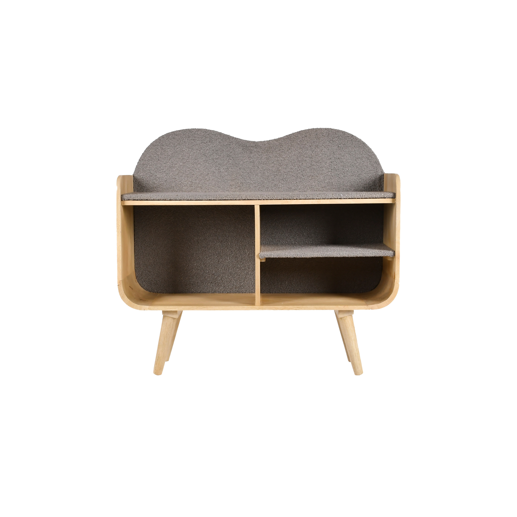 Front view of Caddy Wooden Kids Storage Bookshelf in grey with open storage compartments